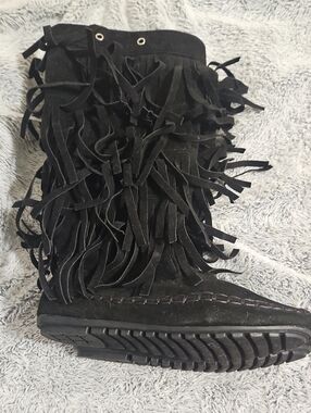 Kids Black Fringe Mid-Calf Boots - Soft Suede Look